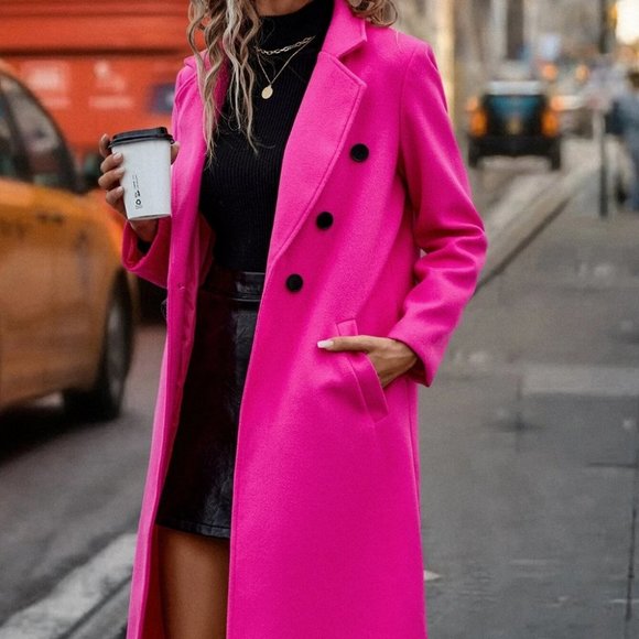 Hot Pink Lapel Neck Double Breasted Overcoat Jacket - Picture 3 of 5
